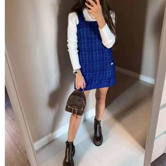 NWT Zara Tweed Dress Textured Pinafore Mini Women XL Blue Bloggers Favorite - Picture 7 of 15